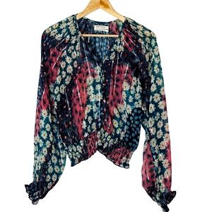 URBAN OUTFITTERS Floral Print Metallic Blouse Long Sleeve Smocked Waist Size L